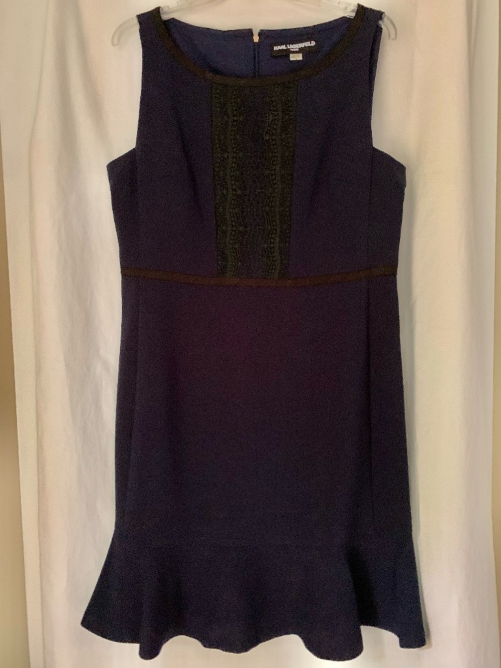 Karl Lagerfeld Paris navy blue sleeveless dress with black lace panel